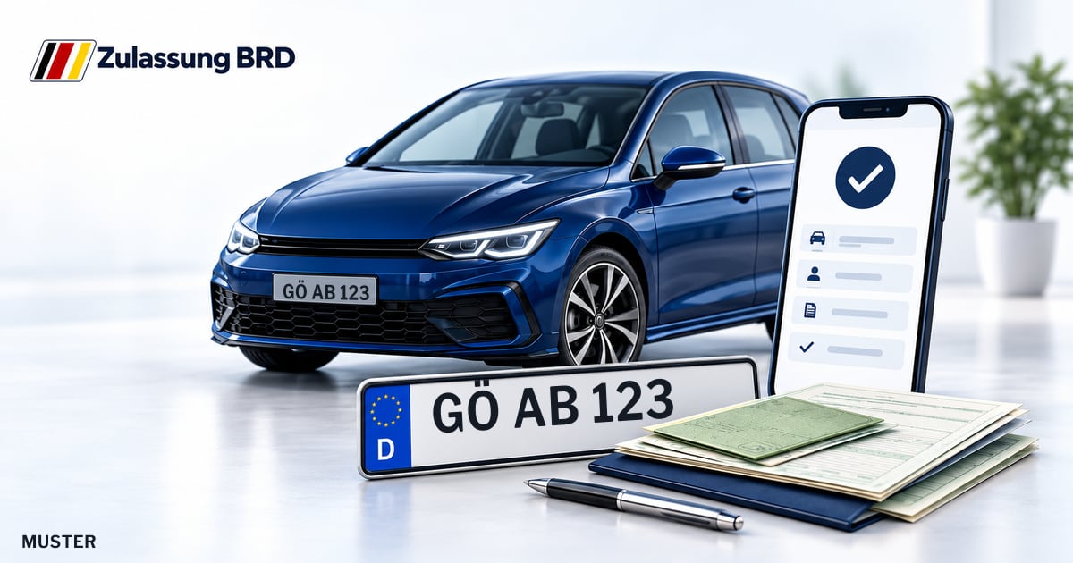Online Fahrzeugzulassung in Göttingen: Musterkennzeichen GÖ AB 123, Auto und Fahrzeugpapiere und Smartphone. Illustration mit Logo von Zulassung BRD.